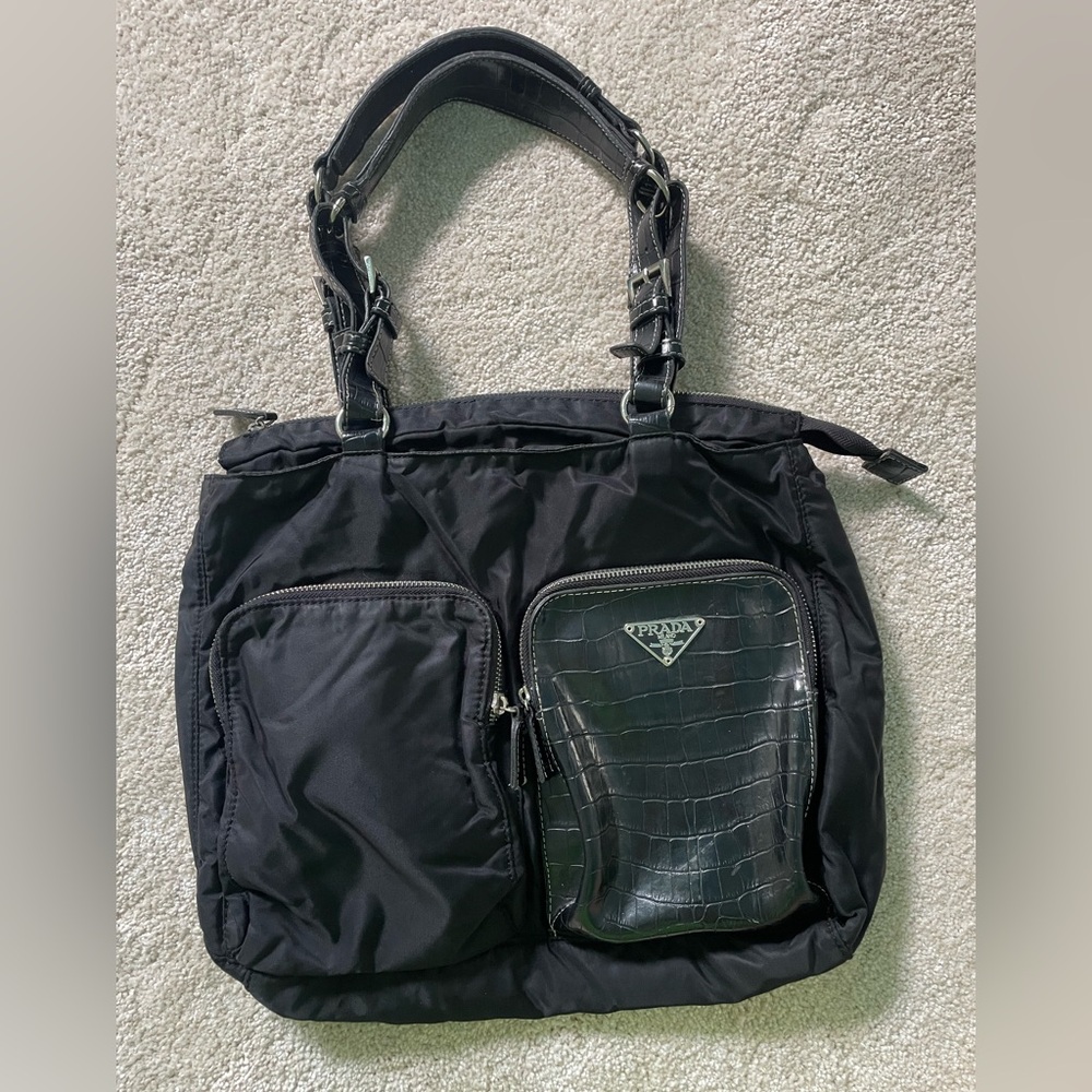 Prada Black Nylon Shoulder Bag with Croc-Embossed Pocket
